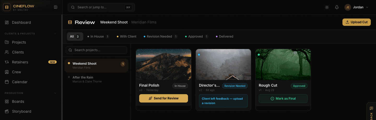 CineFlow review hub showing video cuts with approval status — in house, revision needed, approved.