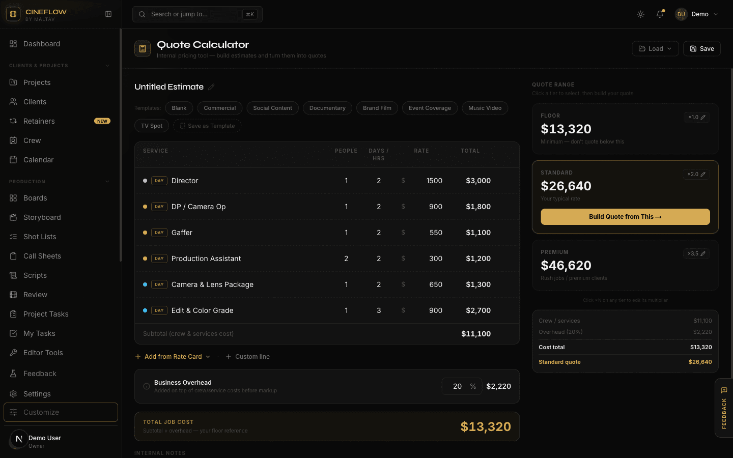 CineFlow quote calculator with crew and equipment line items and floor, standard, and premium pricing tiers.